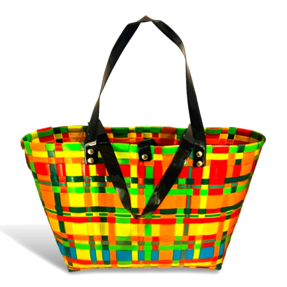 Vintage XL Multi Colored Basket Weave Plastic Tote Bag. RARE Find!